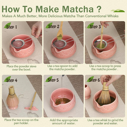 Matcha Whisk Set with 550ml Spouted Ceramic Bowl, 80-Prong Bamboo Chasen, Stainless Steel Sifter, Whisk Holder & Scoop – Complete Japanese Matcha Kit for Beginners, Gift Set for Tea Lovers-Pink