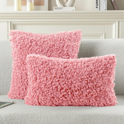 FUTEI Pack of 2 Decorative Throw Pillow Covers 18x18 Inch,Soft Fluffy Faux Wool Fur Boucle Textured Cushion Case,Modern Home Decor for Couch Bed Living Room Office,Pink