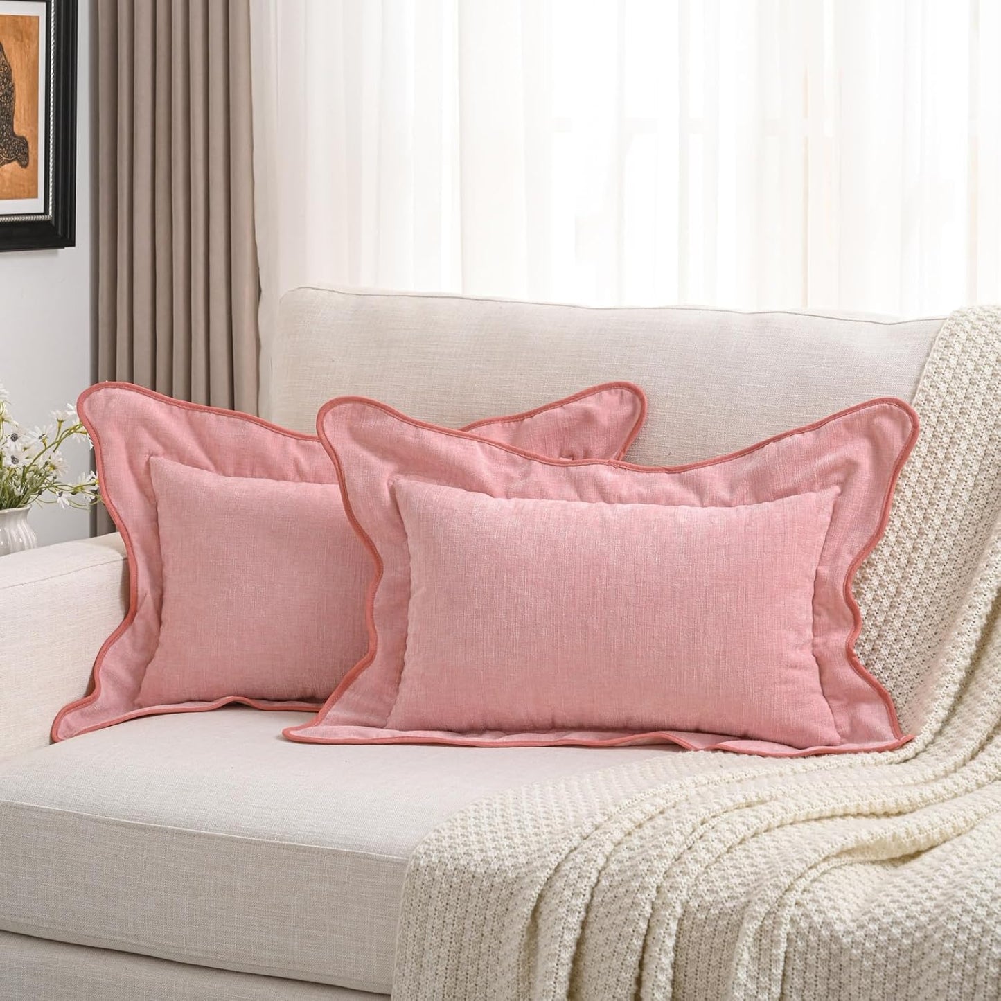 FUTEI Pack of 2 Solid Scalloped Bordered Throw Pillow Covers 12x20 Inch Soft Chenille Decorative Lumbar Pillow Cases Farmhouse Accent for Couch Bed Living Room, Pink