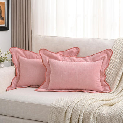 FUTEI Pack of 2 Solid Scalloped Bordered Throw Pillow Covers 12x20 Inch Soft Chenille Decorative Lumbar Pillow Cases Farmhouse Accent for Couch Bed Living Room, Pink