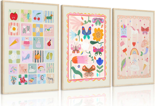 Pink Baby Girl Nursery Canvas Wall Art ABC Animal Alphabet Wall Decor Colorful Butterfly and Flowers Painting Picture Pastel Botanical Rainbow Poster Print Artwork for Kids Room Playroom, Unframed