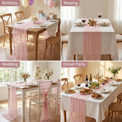 Pink Pearl Table Runner, 30x120 Inch Tulle Fabric Lace Table Runner, Boho Romantic Table-Runners with Pearls, Gauze Table-Runners for Bridal Shower, Birthday Party, Wedding, Dining and Baby Shower
