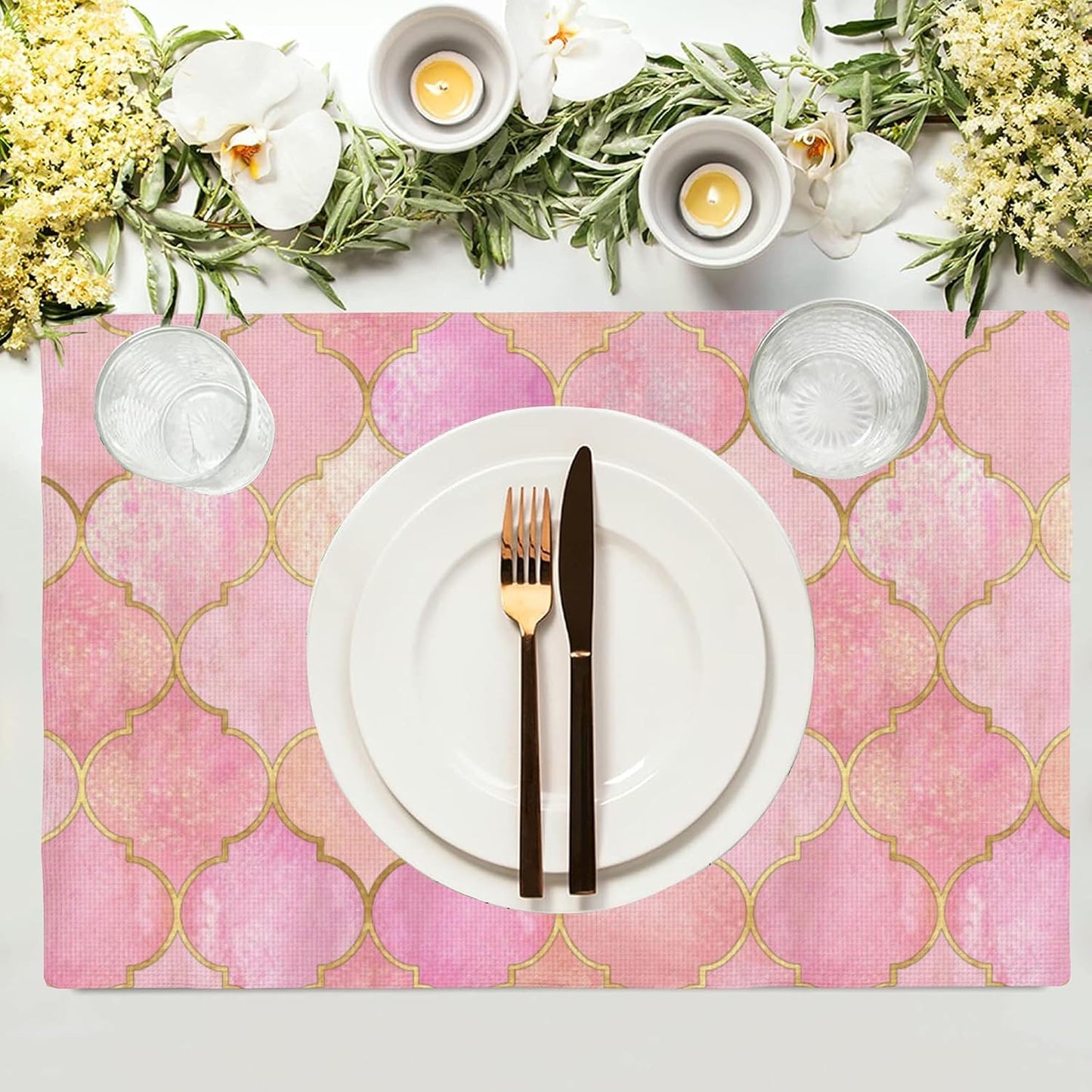 Vintage Pink Geometric Placemats Set of 4, 12x18 Inch Non-Slip Washable Heat Resistant Linen Fabric Table Mats,Place Mats for Holiday Party