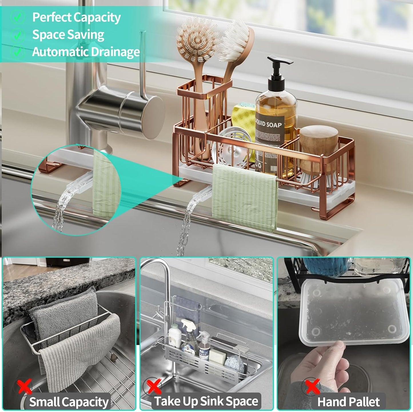 HapiRm Sponge Holder for Kitchen Sink - Self-draining Sink Caddy with Brush and Dishcloth Holders, Stainless Steel Kitchen Organizer for Countertop - Rose Gold