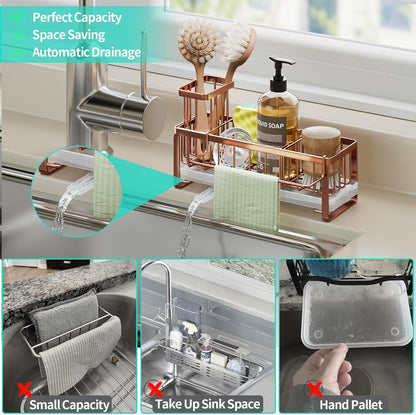 HapiRm Sponge Holder for Kitchen Sink - Self-draining Sink Caddy with Brush and Dishcloth Holders, Stainless Steel Kitchen Organizer for Countertop - Rose Gold