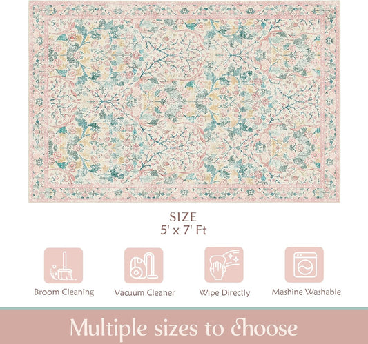 MUJOO Pink 5x7 Area Rugs,Floral Washable Rug for Living Room Bedroom Office Dining Room,Large Throw Carpet,Boho Non Slip Indoor Floor Big Soft Botanical Vintage Ultra-Thin