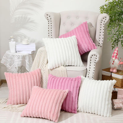 Mixweer 6 Pcs Faux Fur Plush Throw Pillow Covers 18x18 Inch Soft Decorative Striped Pillow Covers with Velvet Back for Coquette Party Sofa Home Wedding Classroom Decor, Pink, Light Pink, White