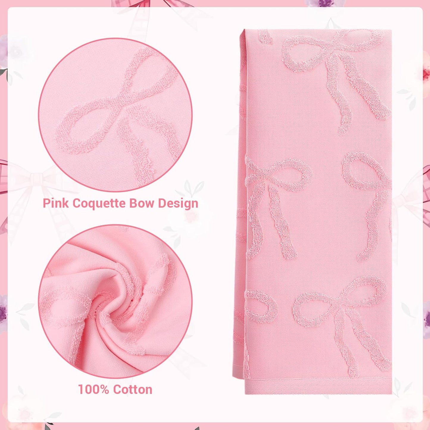 Kifmurase 2PCS Pink Hand Towels for Girl Bathroom Decor, Pink Bow Face Towels Cotton Soft Absorbent Decorative Jacquard Facecloth, Cute Bath Towel for Kitchen Bathroom Decor, 29.5 × 13 inch