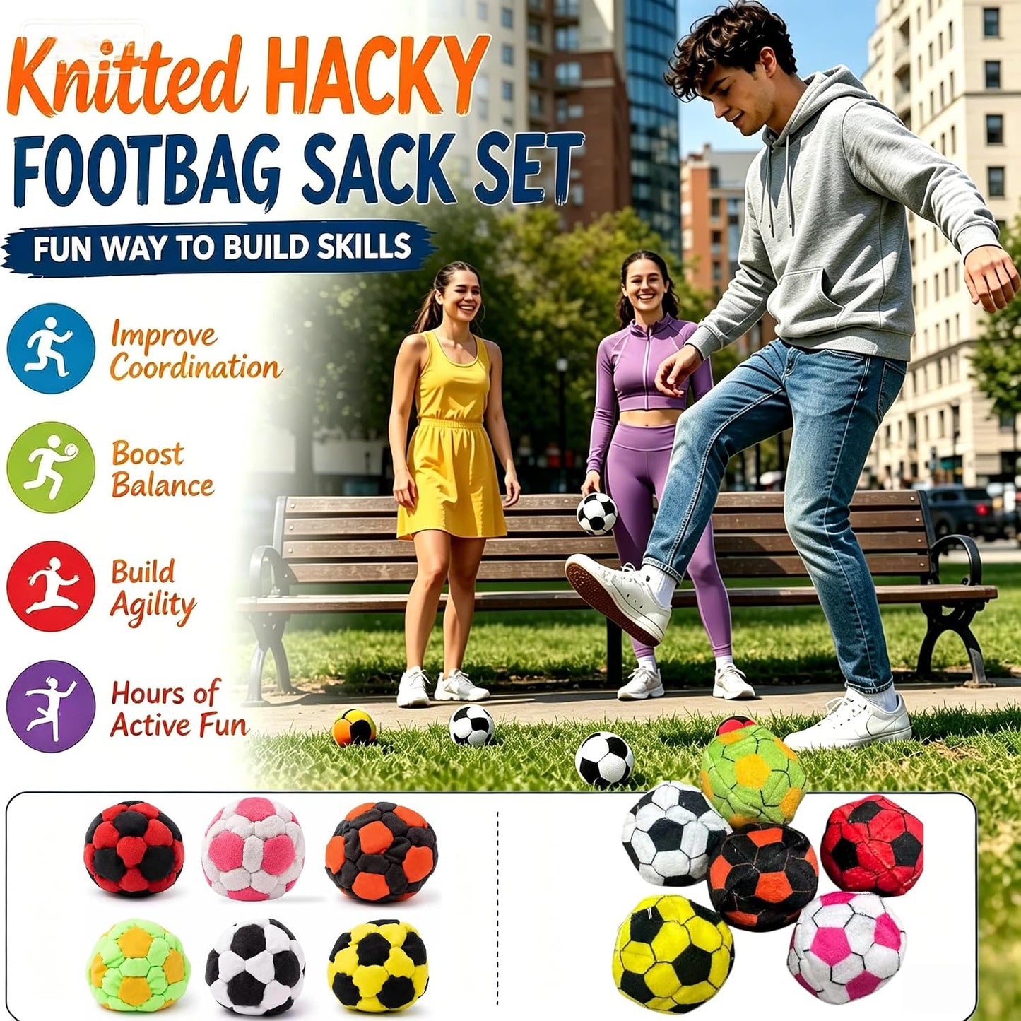 Hacky Footbag Juggling Balls, Soft Plush Sand Filled Hacky for Kids Adults, Coordination Training Soccer Sack Bags, Indoor Outdoor Sports Game Toy, Stress Relief