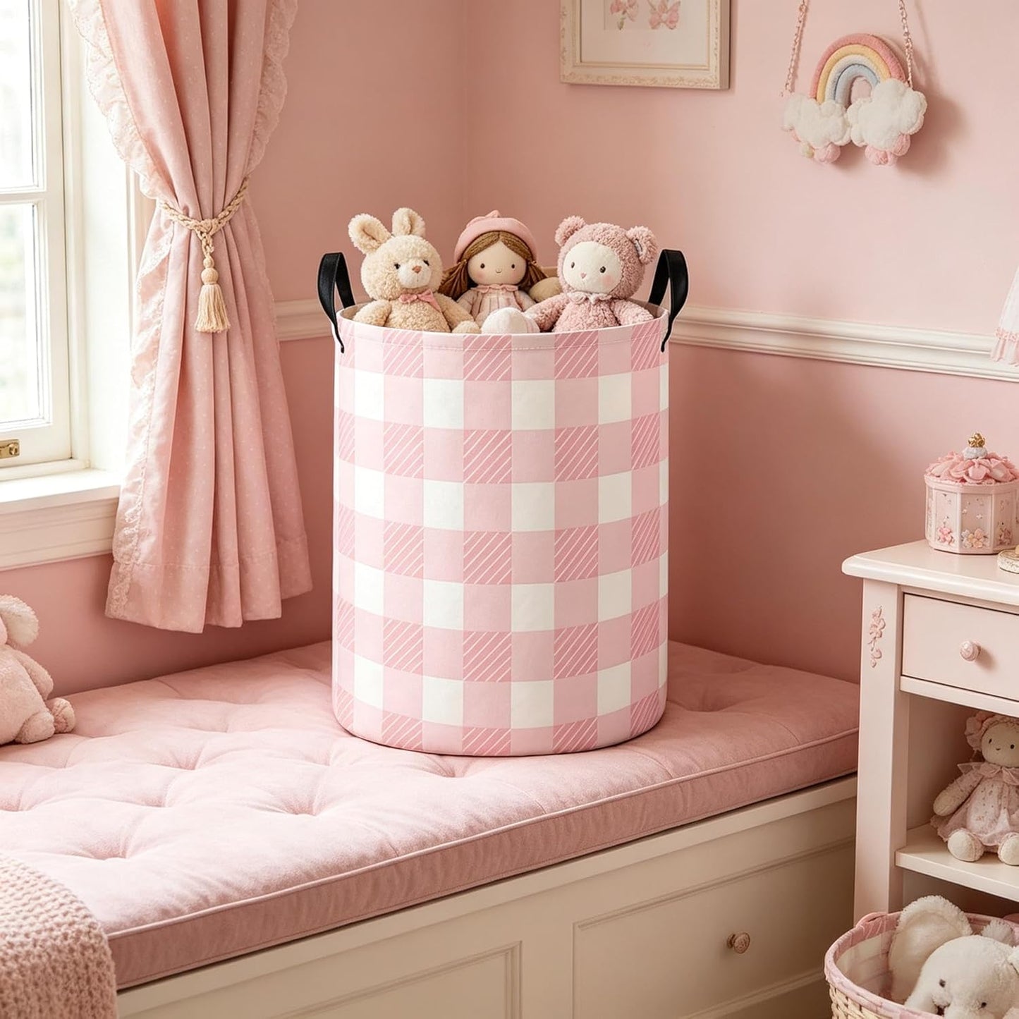 Pink Laundry Hamper Baby Nursery Hamper Waterproof Foldable Kids Laundry Basket Kids Dirty Clothes Hampers Girl Room Decor for Home Gift Baskets(Pink Grid)