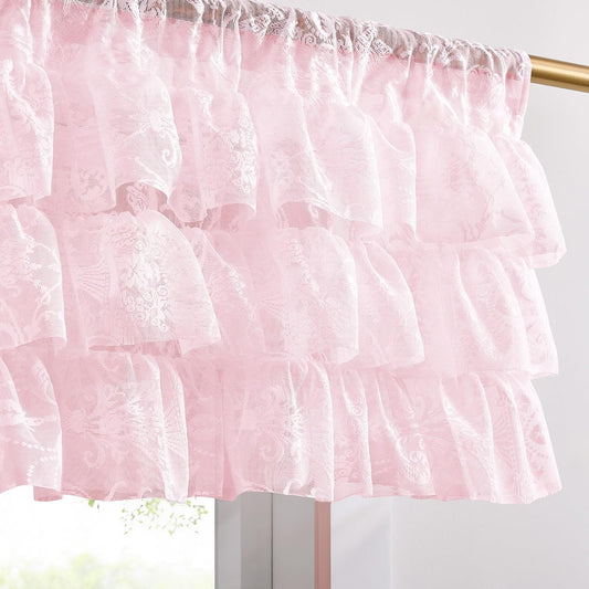 TUDECO Pink Lace Valance Curtain 52x18 Inch | 3-Layer Ruffle Floral, Rod Pocket, Light Filtering Privacy, Kitchen Bathroom Living Room Decor, 1 Panel
