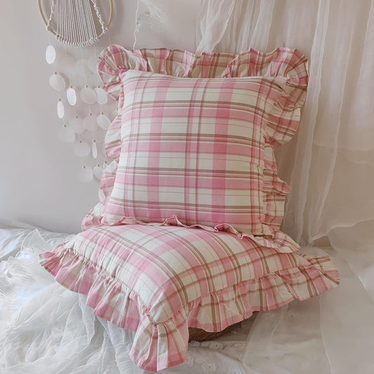 Pink Plaid Throw Pillow Covers, 100% Cotton Ruffle Edge Cushion Covers, Farmhouse Shabby Decorative Chic Pillowcases for Living Room Sofa Bedroom Girls Room, 18x18 Inch Set of 2