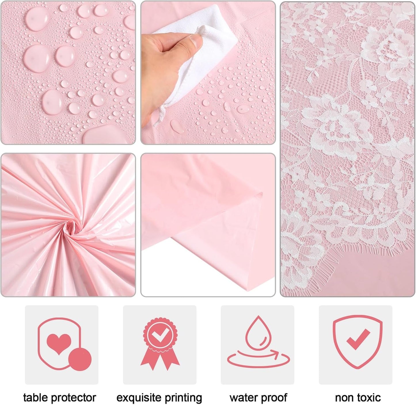 Oudain 6 Pcs Plastic Tablecloth Disposable Rectangular Tablecloth 54 x 108 Inch Tea Party Table Cover Lace Table Runner for Wedding Birthday Baby Shower Anniversary Decoration (Pink)