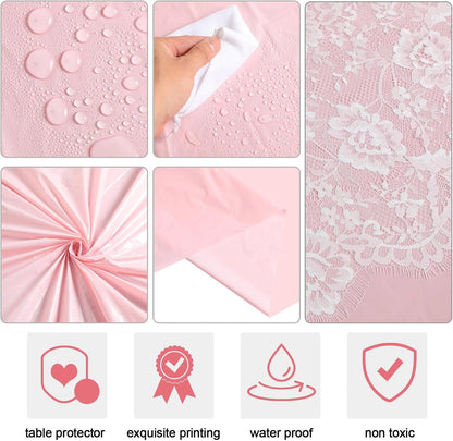 Oudain 6 Pcs Plastic Tablecloth Disposable Rectangular Tablecloth 54 x 108 Inch Tea Party Table Cover Lace Table Runner for Wedding Birthday Baby Shower Anniversary Decoration (Pink)