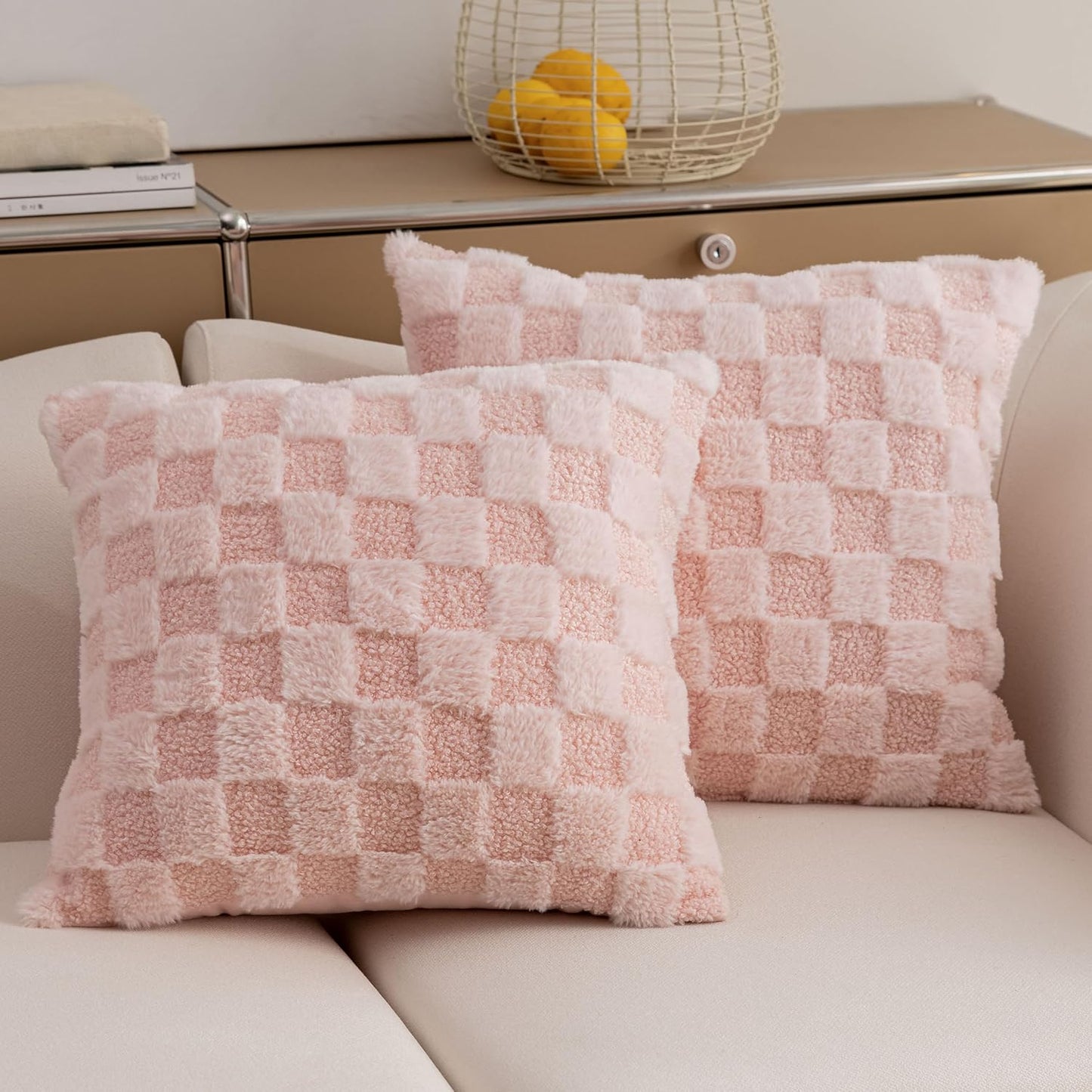 Demetex Pink Pillow Covers 18x18 Squre Checkered Throw Pillows for Sofa Soft Plush Pillow Cases for Party Birthday Decorations, Set of 2, 18 x 18 inch, Blush Pink