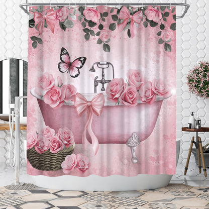 WELMECO Bow Shower Curtain Rose Flower Butterfly Bathtub Painting Printed Cute Bows Polyester Fabric Bathroom Decor Curtain, 72x72inch with Hooks (Pink)