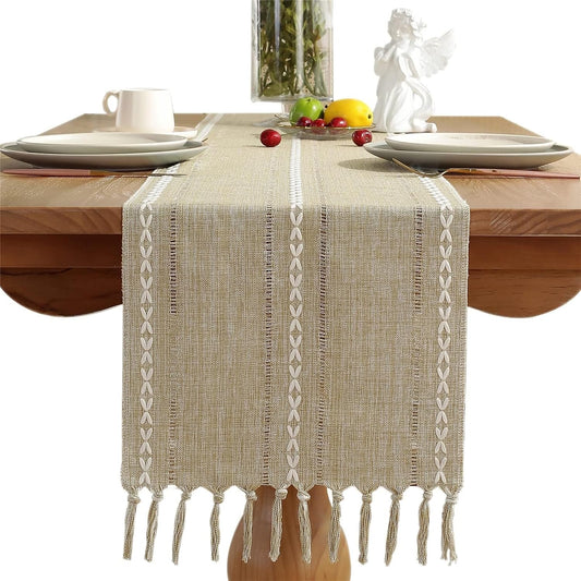 Cotton Linen Table Runner 33×160cm – Handmade Tassel Table Mat for Coffee Table & Home Decoration，Light Peach Color