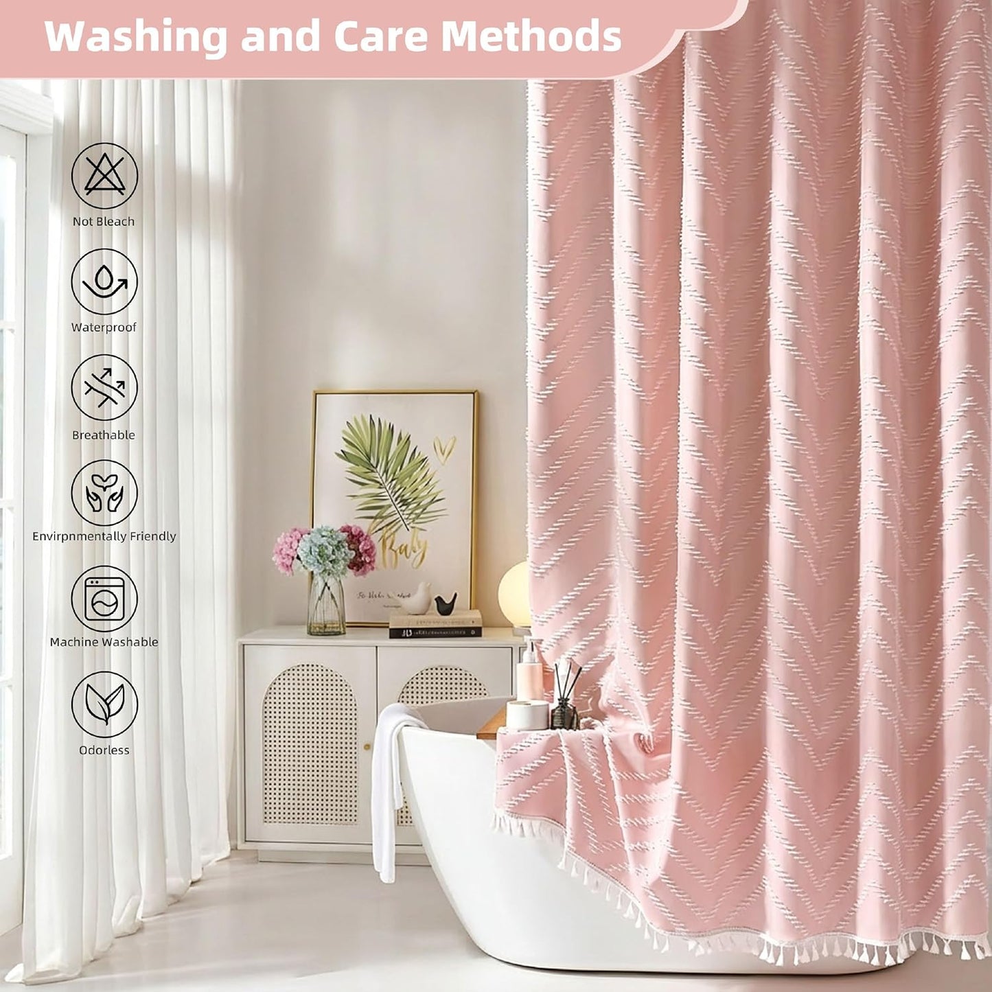Siiluminisoy Pink Shower Curtain with Tassel Woven Fabric Boho Shower Curtain Cute Farmhouse Textured Tufted Chevron Striped 72 x 72 Bathroom Shower Curtain