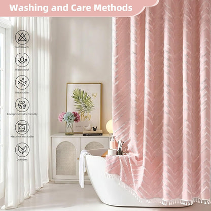 Siiluminisoy Pink Shower Curtain with Tassel Woven Fabric Boho Shower Curtain Cute Farmhouse Textured Tufted Chevron Striped 72 x 72 Bathroom Shower Curtain