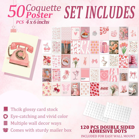 Uniro Coquette Room Decor Aesthetic, 50Pcs Pink Coquette Wall Decor, Coquette Posters Aesthetic Room Decor, Pink Room Decor 4"x6" Coquette Wall Collage Kit for Teen Girls Dorm Bedroom Decor, Cute Coquette Posters Picture Trendy Pink Wall Art Prints