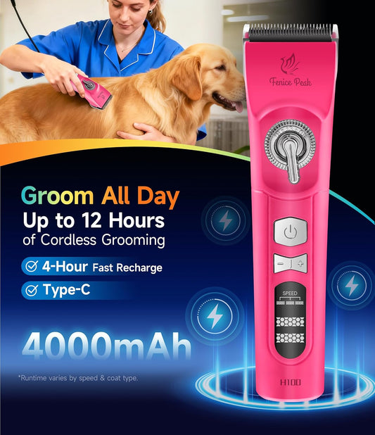 Professional Cordless Dog Grooming Clippers, 12-Hour Runtime, Replaceable 440C Stainless Steel Blade, 3-Speed Quiet Electric Pet Hair Trimmer for Thick, Curly & Matted Coats, Groomer & Home Use, Pink