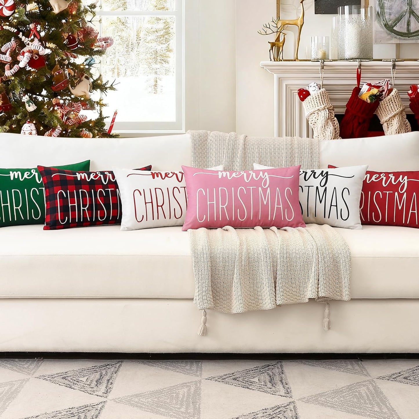 OTOSTAR Pink White Christmas Lumbar Pillow Cover 12x20 Inches for Xmas Decorations Merry Christmas Throw Pillow Covers Winter Holiday Cushion Case Decoration for Sofa Couch