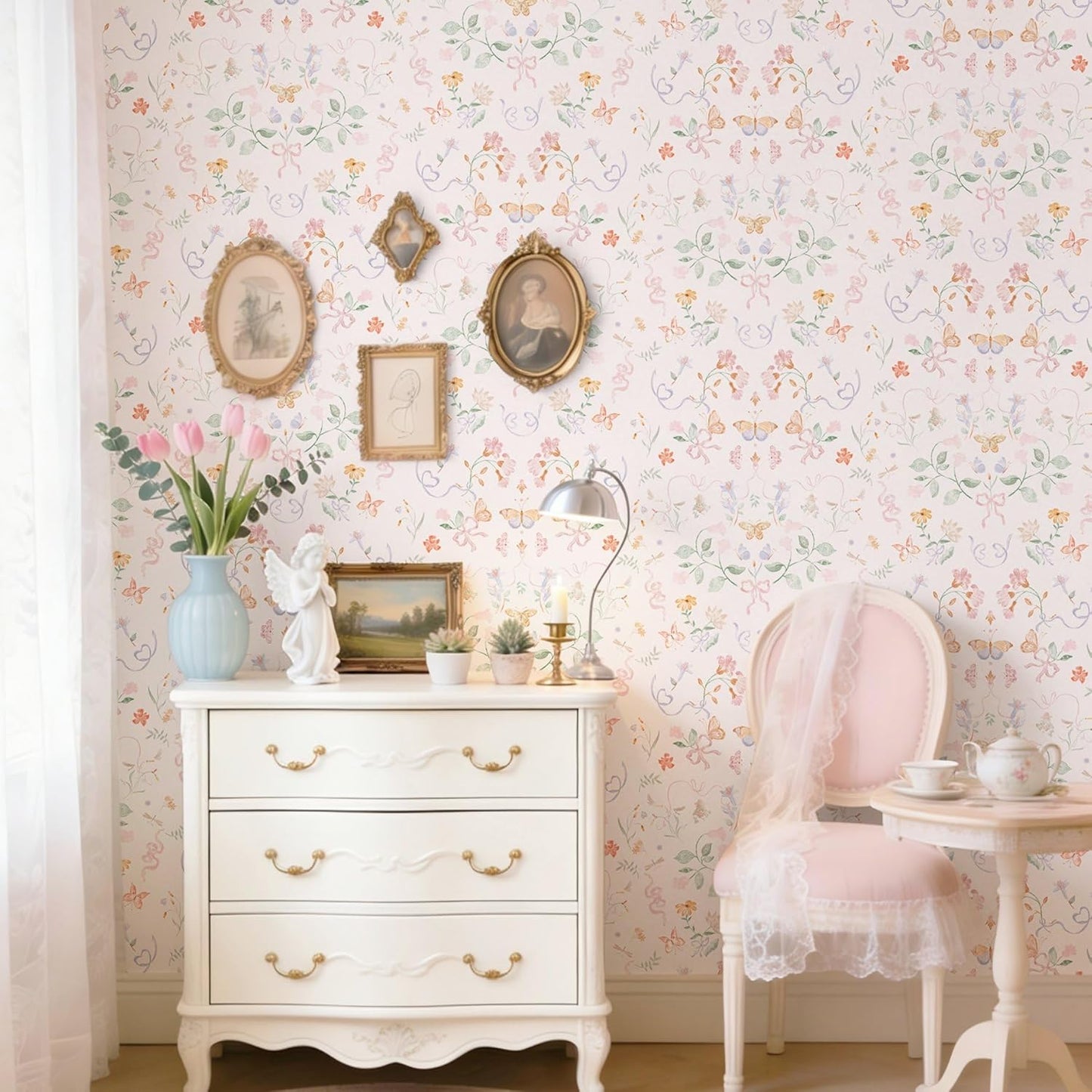Ismoon Pink Wallpaper Peel and Stick Floral Wallpaper 17.3in x 32.8ft Green Leaf Contact Paper Vintage French Butterfly Wall Paper for Bedroom Kitchen Nursery Girls Room Removable Vinyl