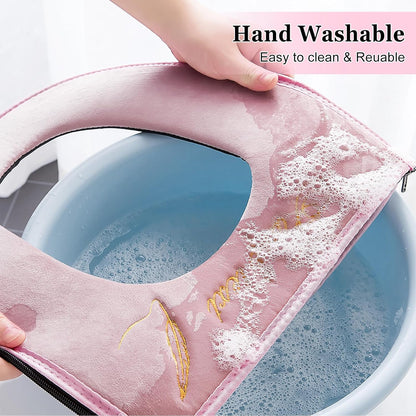 timecity Warmer Toilet Seat Pads with Zipper Pink Toilet Seat Cover with Lifter Handle Set Washable Velvet Toilet Seat Cushion Soft Thicker Toilet Seats Warmer Mat, Pink