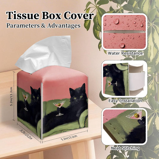 Vintage Martini Black Cat Tissue Box Cover Square, Retro Cube Pink Decorative Tissue Box Cover, 5.2 Inch.(008)