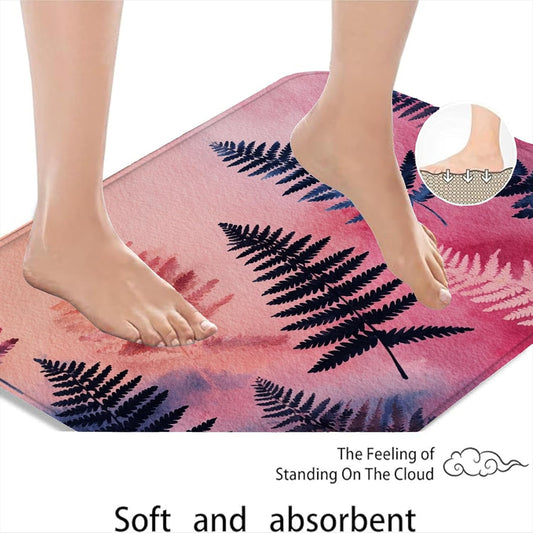 Floral Fern Quick Dry Bath Mat, Elegant Peach Watercolor Leaves Absorbent Non Slip Shower Mat, Summer Memory Foam Washable Bath Rugs for Bathroom Decor 20x32 Inch