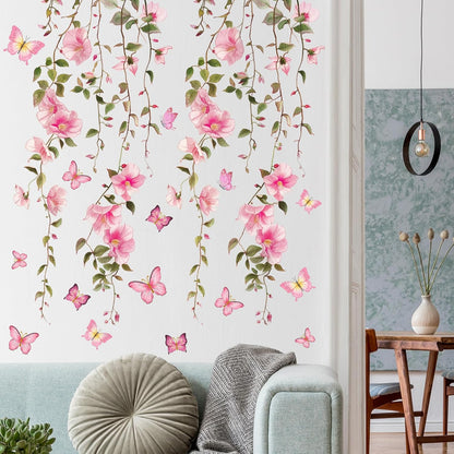 2 Sheets Removable Hanging Pink Vine Flowers Wall Decal Green Leaves Wall Decal DIY Pink Butterfly Stickers Self-Adhesive Art Decor for Girls Room Living Room Bedroom TV Backdrop Decor