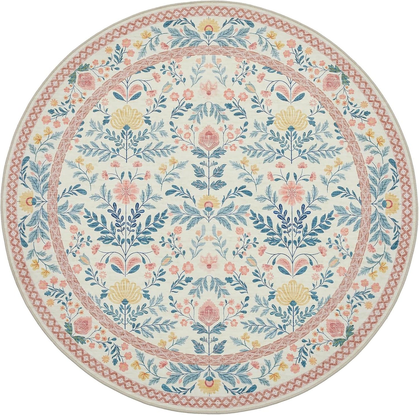 Joydeco Boho Floral Washable Circle Area Rug for Bedroom Nursery, Light Pink Flower Round Rugs 6ft, Non Slip Circular Indoor Throw Carpet for Girls Kids Room Playroom Dorm Classroom