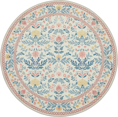 Joydeco Boho Floral Washable Circle Area Rug for Bedroom Nursery, Light Pink Flower Round Rugs 6ft, Non Slip Circular Indoor Throw Carpet for Girls Kids Room Playroom Dorm Classroom