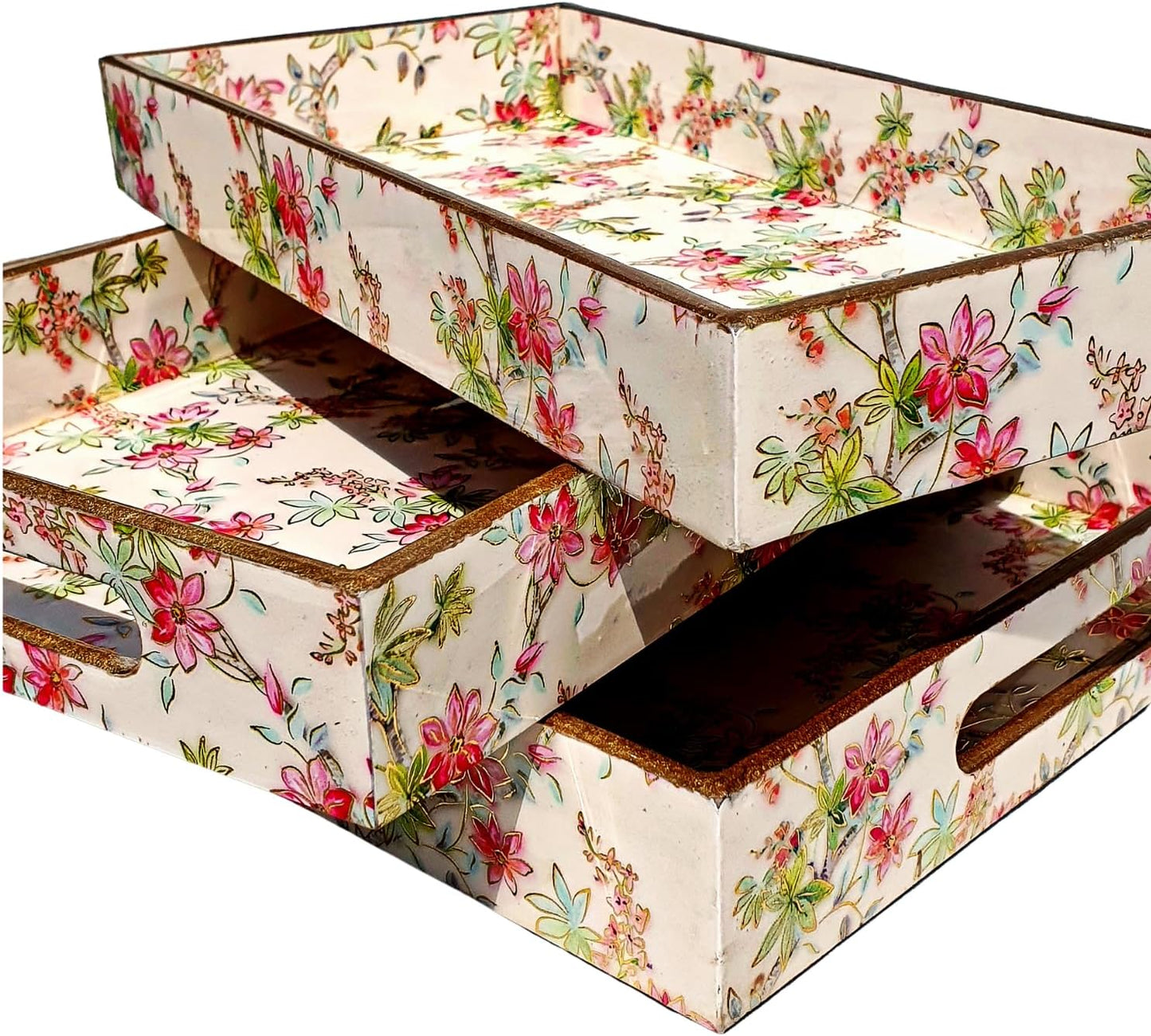 Wooden Serving Trays with Handle - 3PC Set for Coffee Table, Home Decor, Kitchen, Ottoman, BBQ, Parties - Rectangular Platter for Breakfast, Lunch & Dinner, Stylish - Light Pink