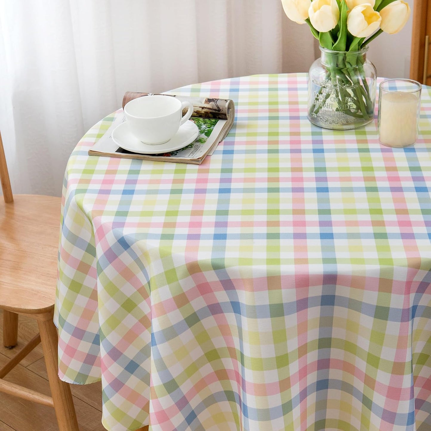 Easter 60 Inch Round Tablecloth Spring Pink Green Blue White Pastel Buffalo Check Plaid Rustic Table Cloth - Polyester Table Cover Reusable Water Resistant for Summer Holiday Party Picnic Décor