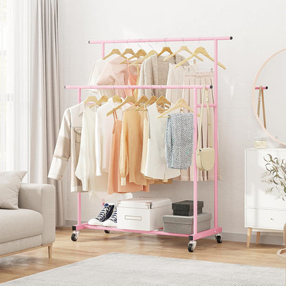 Calmootey Double Rod Clothing Garment Rack,Rolling Hanging Clothes Rack,Portable Clothes Organizer for Bedroom,Living Room,Clothing Store,Pink