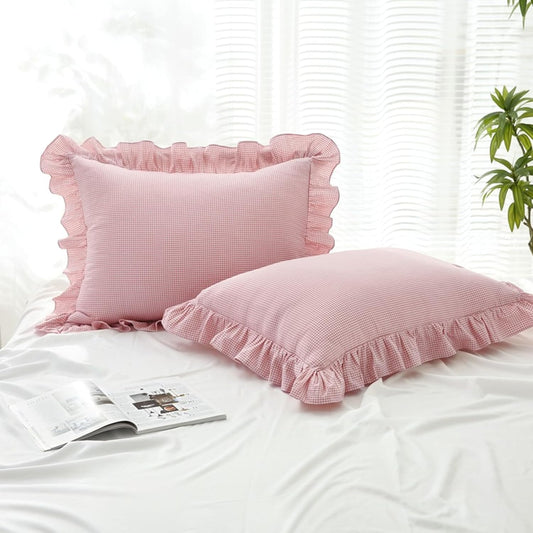 Gingham Pillow Shams 20x26, Pink White, Ruffle Trim, Set of 2 | 100% washed cotton | Standard size pillow covers | Vintage farmhouse plaid | Envelope closure | Inserts not included