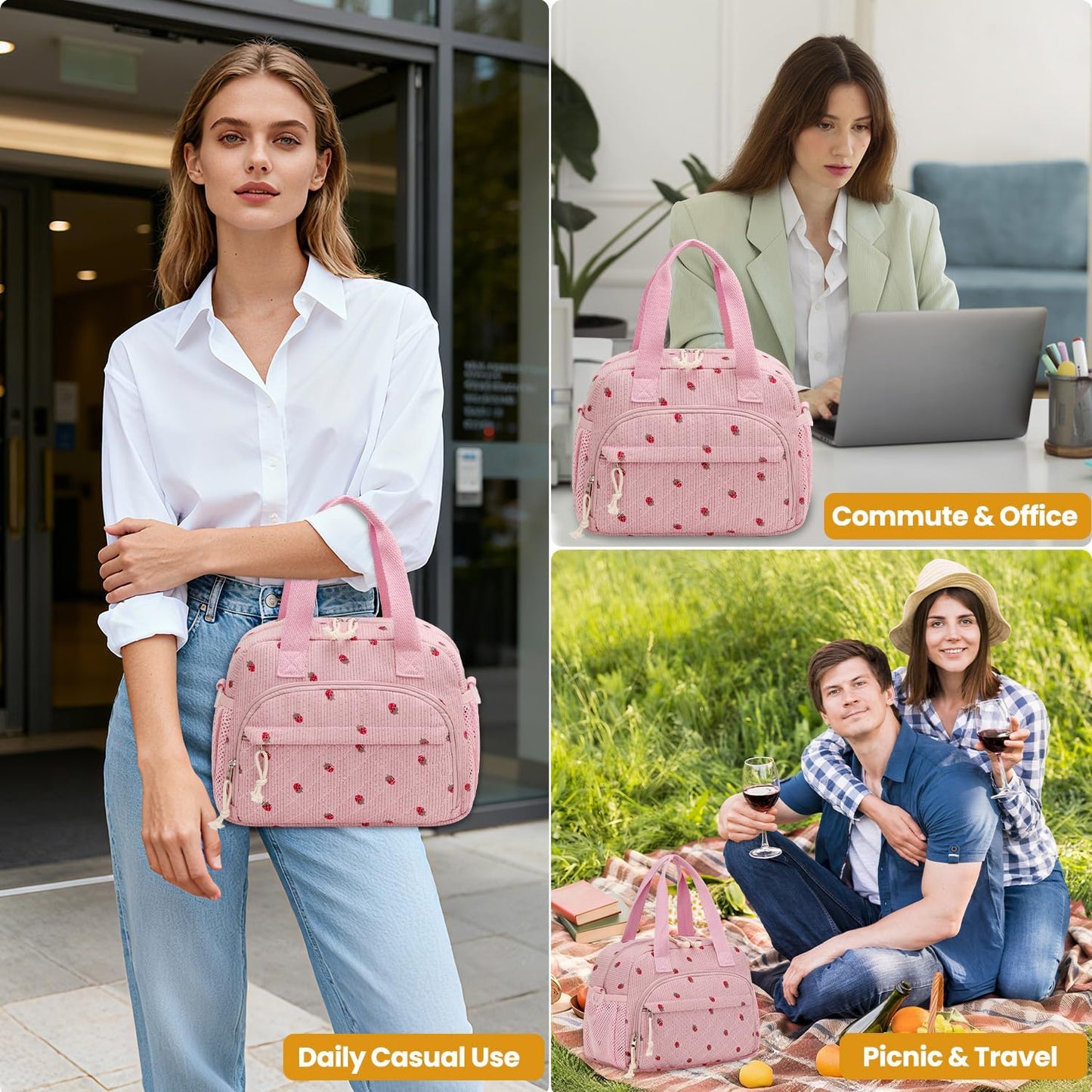 ELONGRIVER Corduroy Insulated Lunch Bag for Women Teen Girls, Portable Adult Lunch Box, Reusable Tote Cooler Bags, Lightweight Womens Lunch Bags with Front Pockets Work Picnic Travel, Pink Strawberry