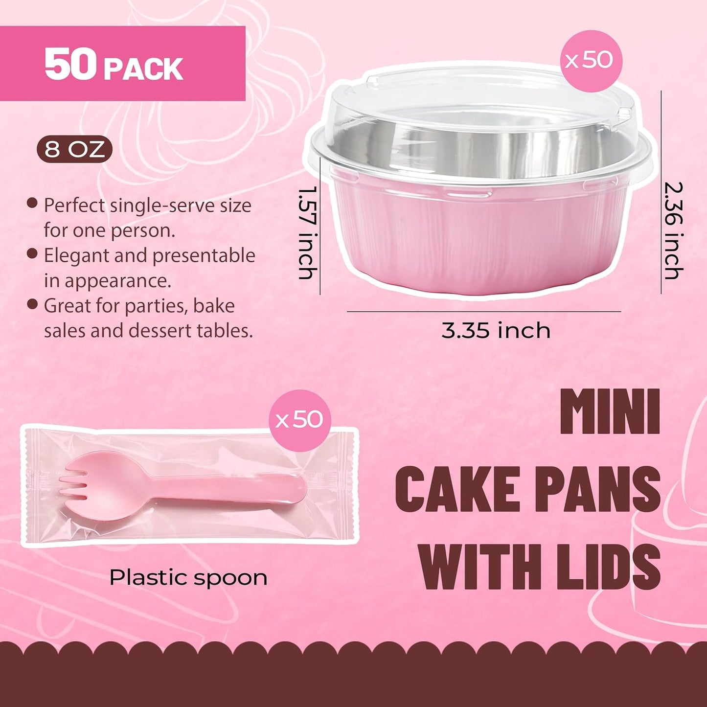 NPLUX 50 Pack 8 oz Round Pink Mini Cake Pans Disposable Ramekins with Lids Spoons, Aluminum Foil Baking Pans for Creme Brulee Pudding Cheesecake, Graduation Gifts Party Favors Bake Sale