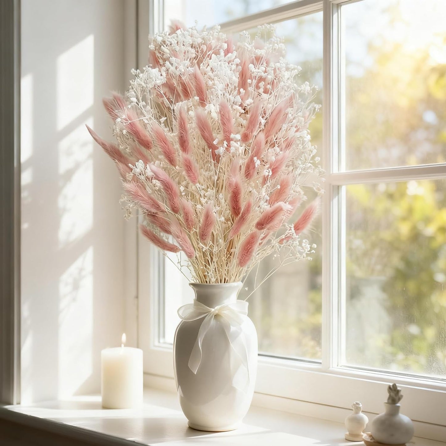 Bunny Tails Dried Flowers Bouquet Fluffy Nature Pampas Grass with Baby Breath Flowers Artificial Flower for Table Bookshelf Home Festival Hobo Wedding Decor (Pink)