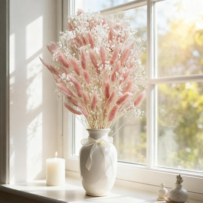 Bunny Tails Dried Flowers Bouquet Fluffy Nature Pampas Grass with Baby Breath Flowers Artificial Flower for Table Bookshelf Home Festival Hobo Wedding Decor (Pink)