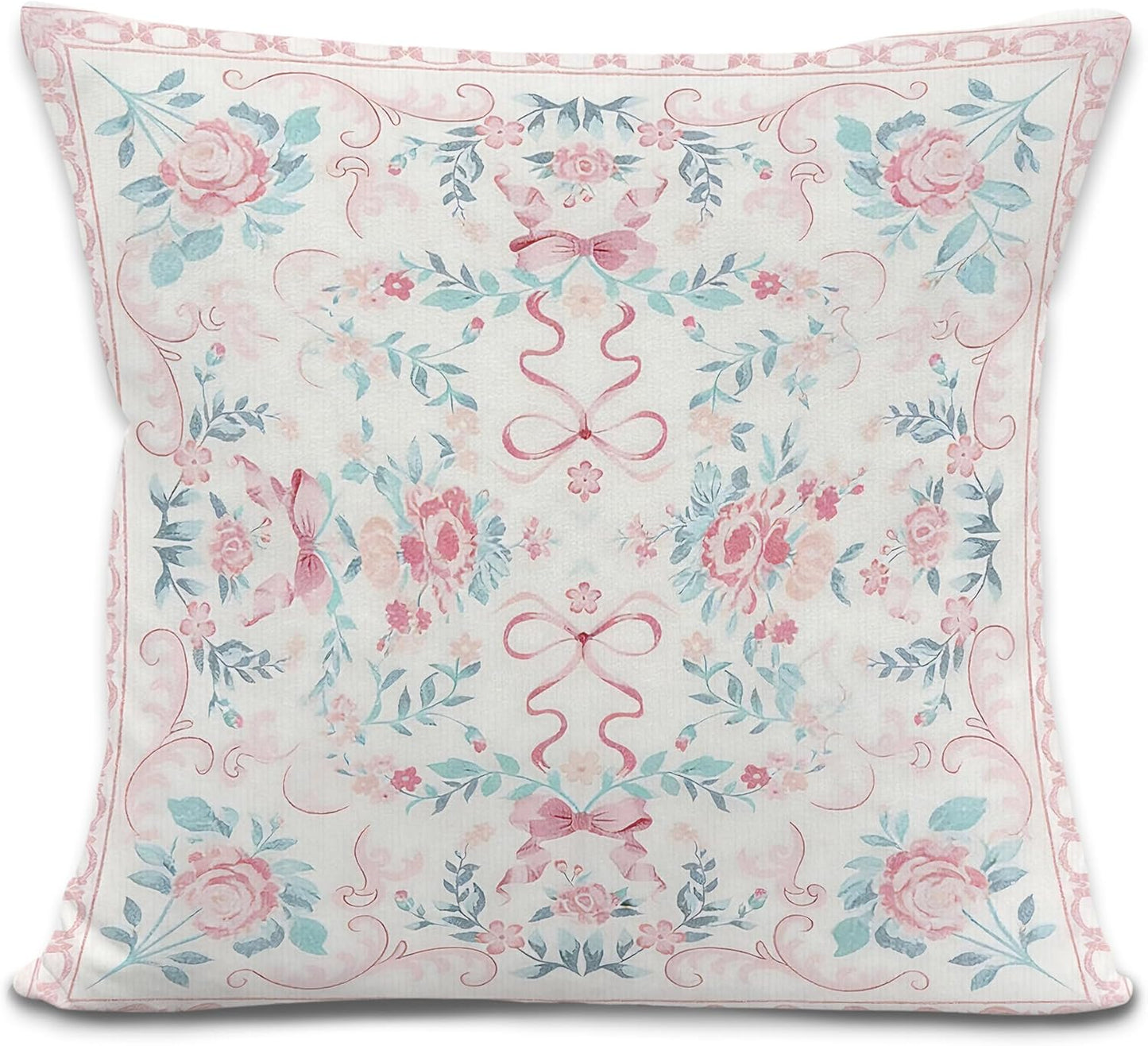 Pink Coquette Bow Floral Throw Pillow Cover, Grandmillennial Retro Flower Botanical Decorative Pillowcases Cushion Cases for Home Girly Room Bedroom Decor, 18x18 Pillow Covers