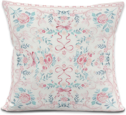 Pink Coquette Bow Floral Throw Pillow Cover, Grandmillennial Retro Flower Botanical Decorative Pillowcases Cushion Cases for Home Girly Room Bedroom Decor, 18x18 Pillow Covers