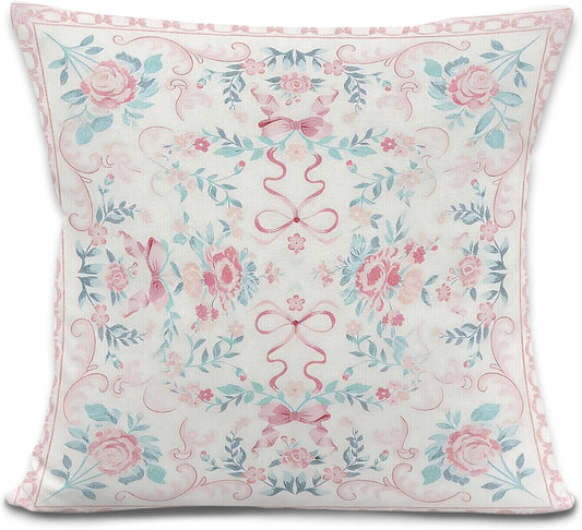 Pink Coquette Bow Floral Throw Pillow Cover, Grandmillennial Retro Flower Botanical Decorative Pillowcases Cushion Cases for Home Girly Room Bedroom Decor, 18x18 Pillow Covers