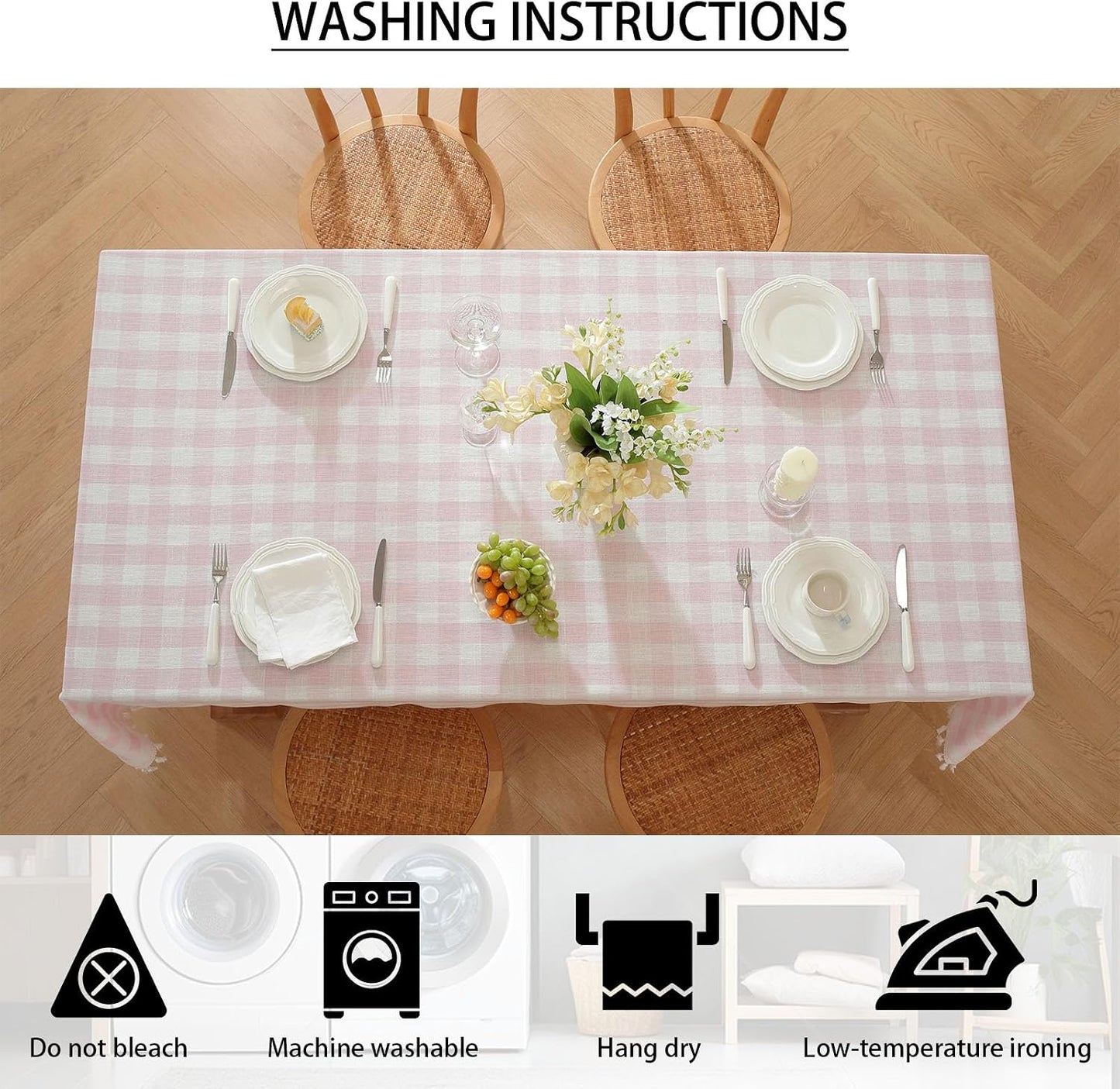 Gingham Tablecloth Rectangular, Tassels Checkered Table Cloth Washable Cotton Linen Plaid Table Cover for Spring Summer Kitchen Dining Party,Pink and White,55x70