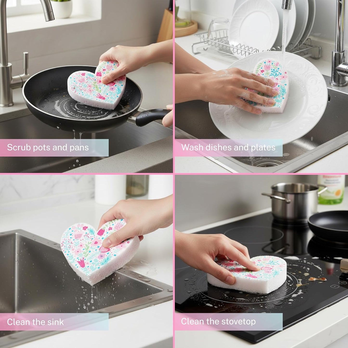 5 Pack Heart Shaped Sponges, Non-Scratch Cleaning Sponges with Floral Pattern, Kitchen Heavy Duty Scrub Sponge, Pop Up Eco Valentine's Day Sponges (Pink)