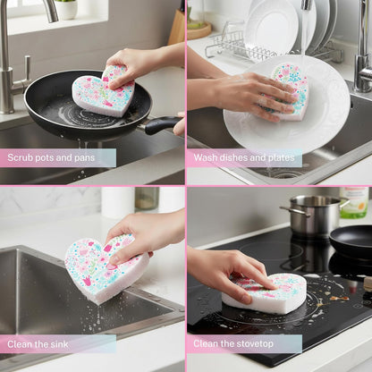 5 Pack Heart Shaped Sponges, Non-Scratch Cleaning Sponges with Floral Pattern, Kitchen Heavy Duty Scrub Sponge, Pop Up Eco Valentine's Day Sponges (Pink)