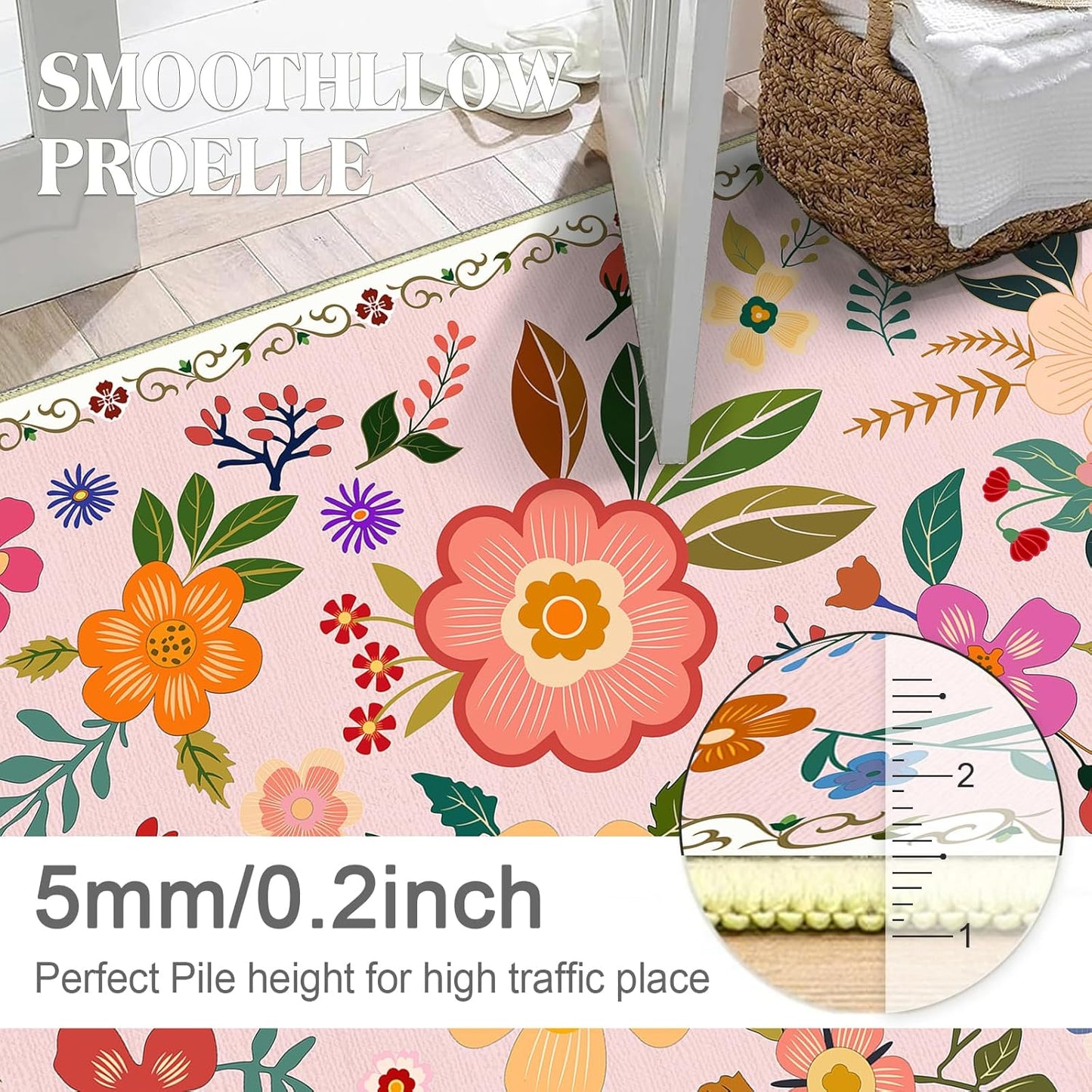 3x5 Feet Floral Area Rug Non-Slip Low Pile Soft Washable Pink Rug for Girls' Rooms, Nursery, Kids Room, Entryway – Lightweight Easy Clean Modern Decorative Carpet
