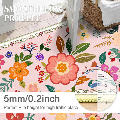 3x5 Feet Floral Area Rug Non-Slip Low Pile Soft Washable Pink Rug for Girls' Rooms, Nursery, Kids Room, Entryway – Lightweight Easy Clean Modern Decorative Carpet