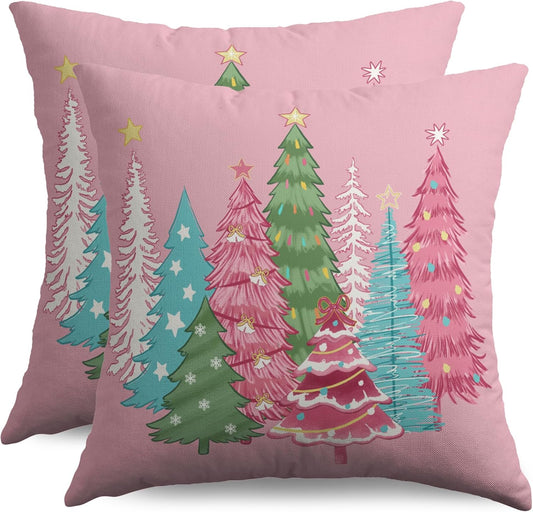 Pink Christmas Pillow Covers 18x18 Inch Set of 2 Cute Colorful Xmas Tree Decorative Throw Pillowcases Winter Holiday Outdoor Seasonal Farmhouse Cushion Cases Decor for Sofa Couch Bed